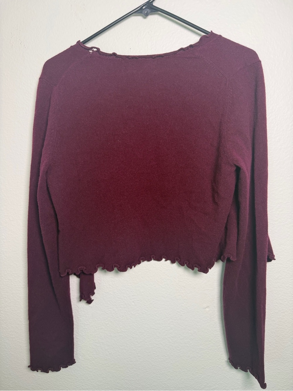 FLAWED INC International Concepts 100% Cashmere Burgundy Ruffle-Trim Cardigan - Picture 5 of 7